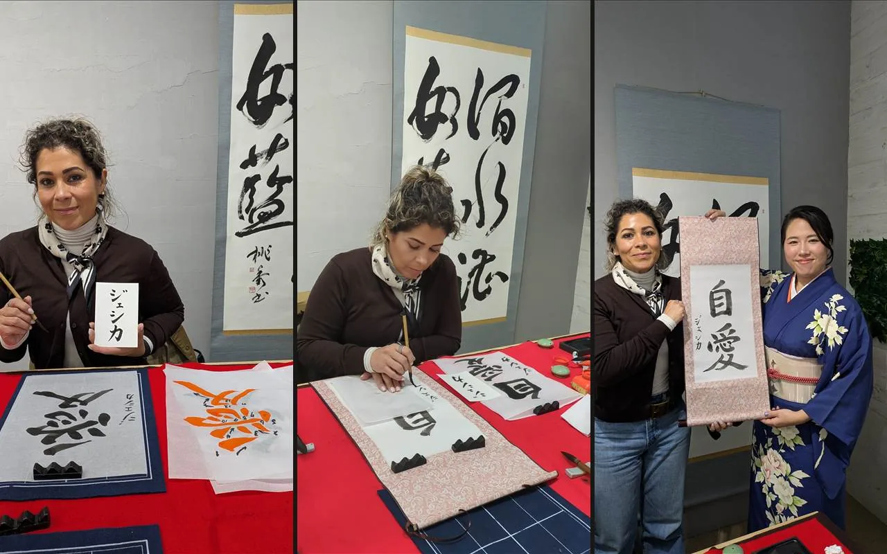Three scenes from a private session: a guest holding her name written in katakana, writing on the scroll, and the finished work with Toshu