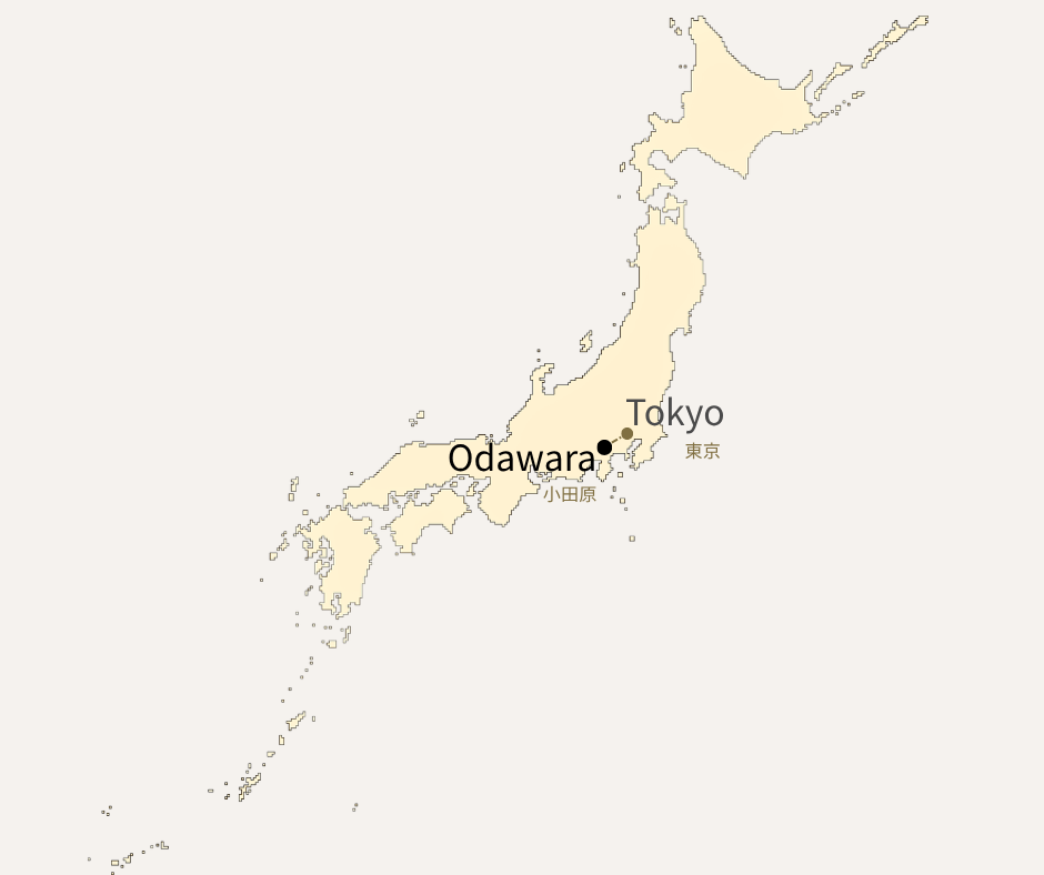 Map of Japan showing Odawara, 35 minutes from Tokyo by shinkansen